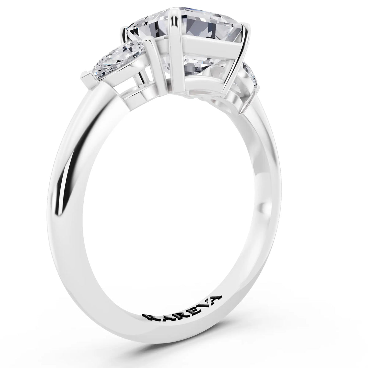 14 KT White Gold Asscher Cut Diamond Three Stone Pear Accent Ring - top view