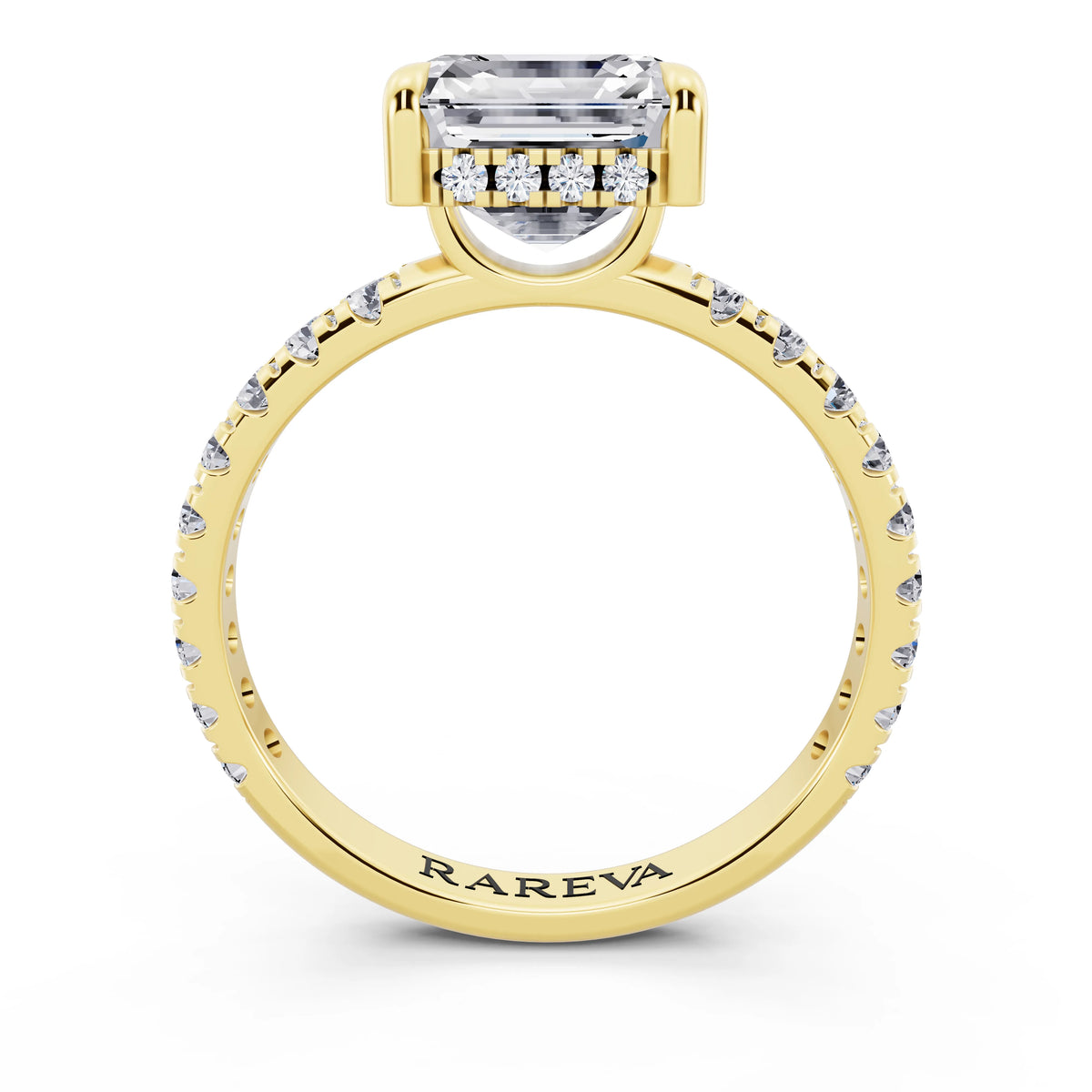18 KT Yellow Gold Asscher Cut Diamond Solitaire Ring with Hidden Halo and French Pave Band - through finger