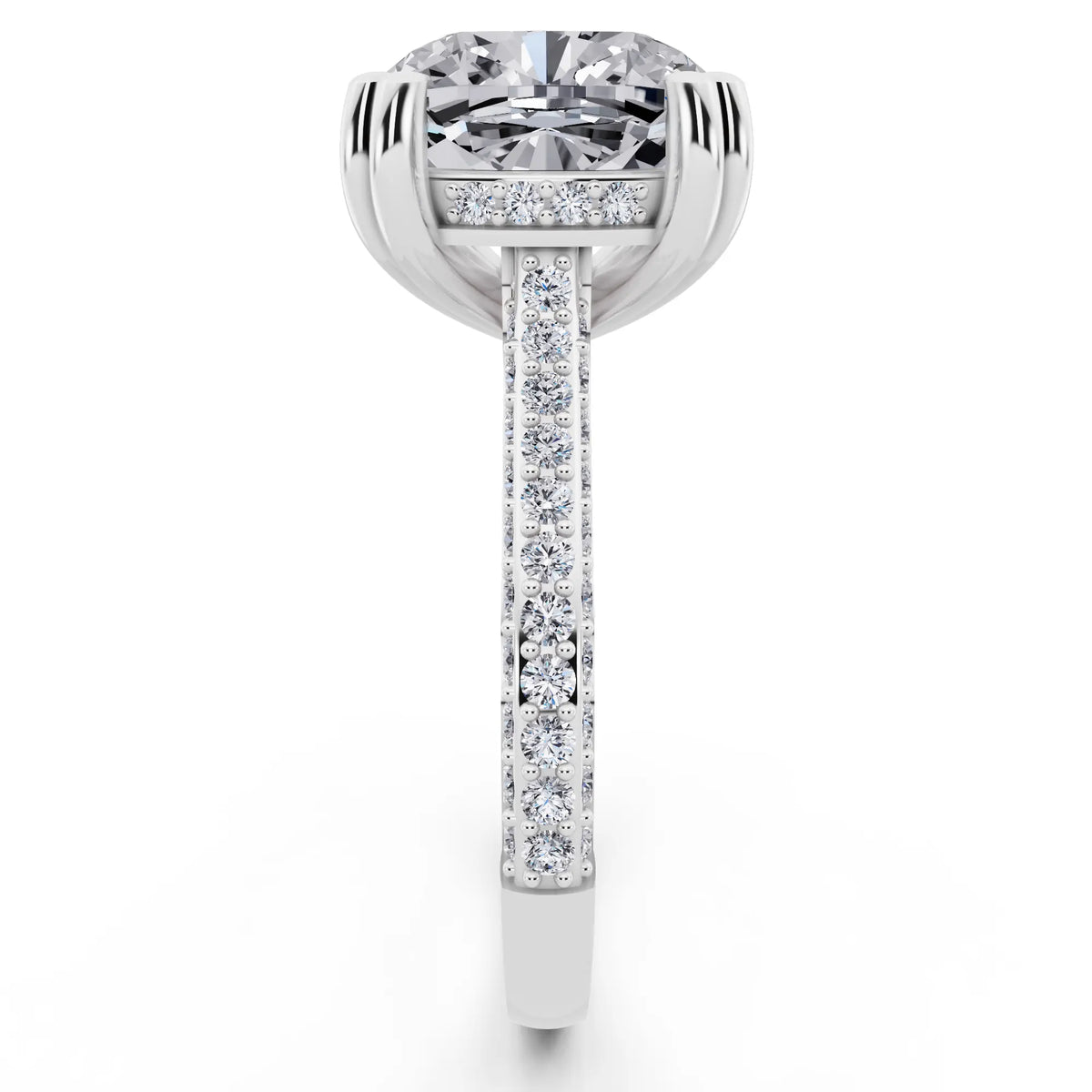 14 KT White Gold Cushion Cut Diamond Hidden Halo Double Claw Pave Band Ring - side view
