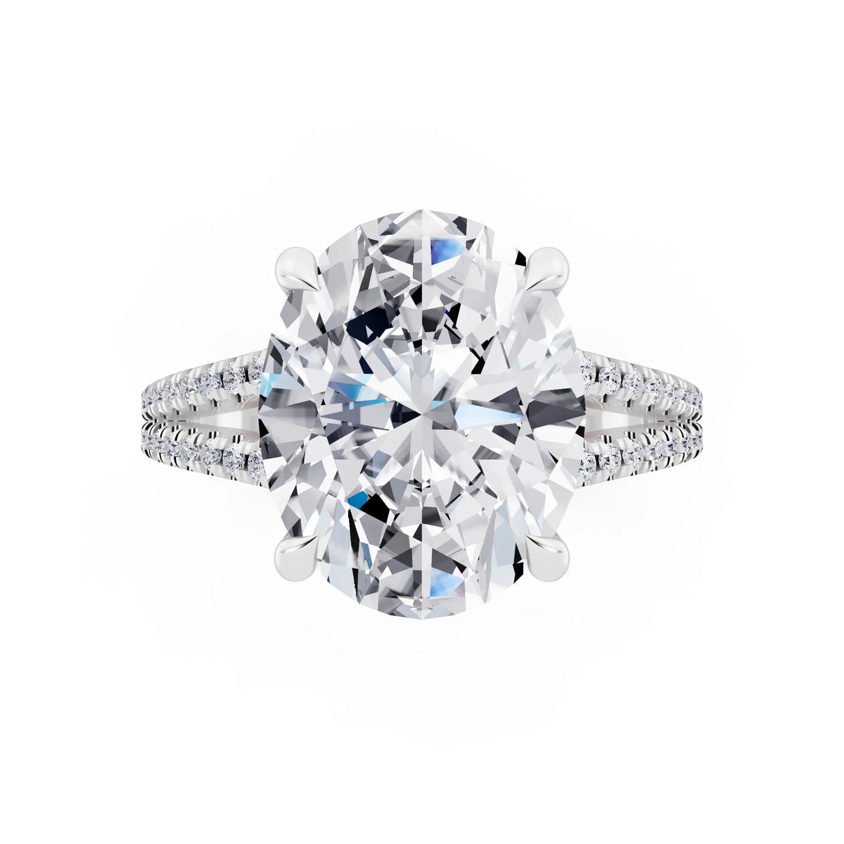 Platinum Oval Cut Diamond Ring with Pavé Split Shank - top angle