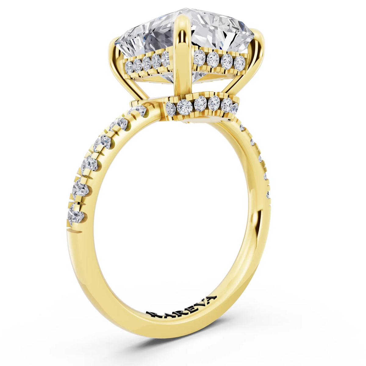 18 KT Yellow Gold Radiant Cut Diamond Hidden Halo Tiger Prong Pave Band Ring - top view