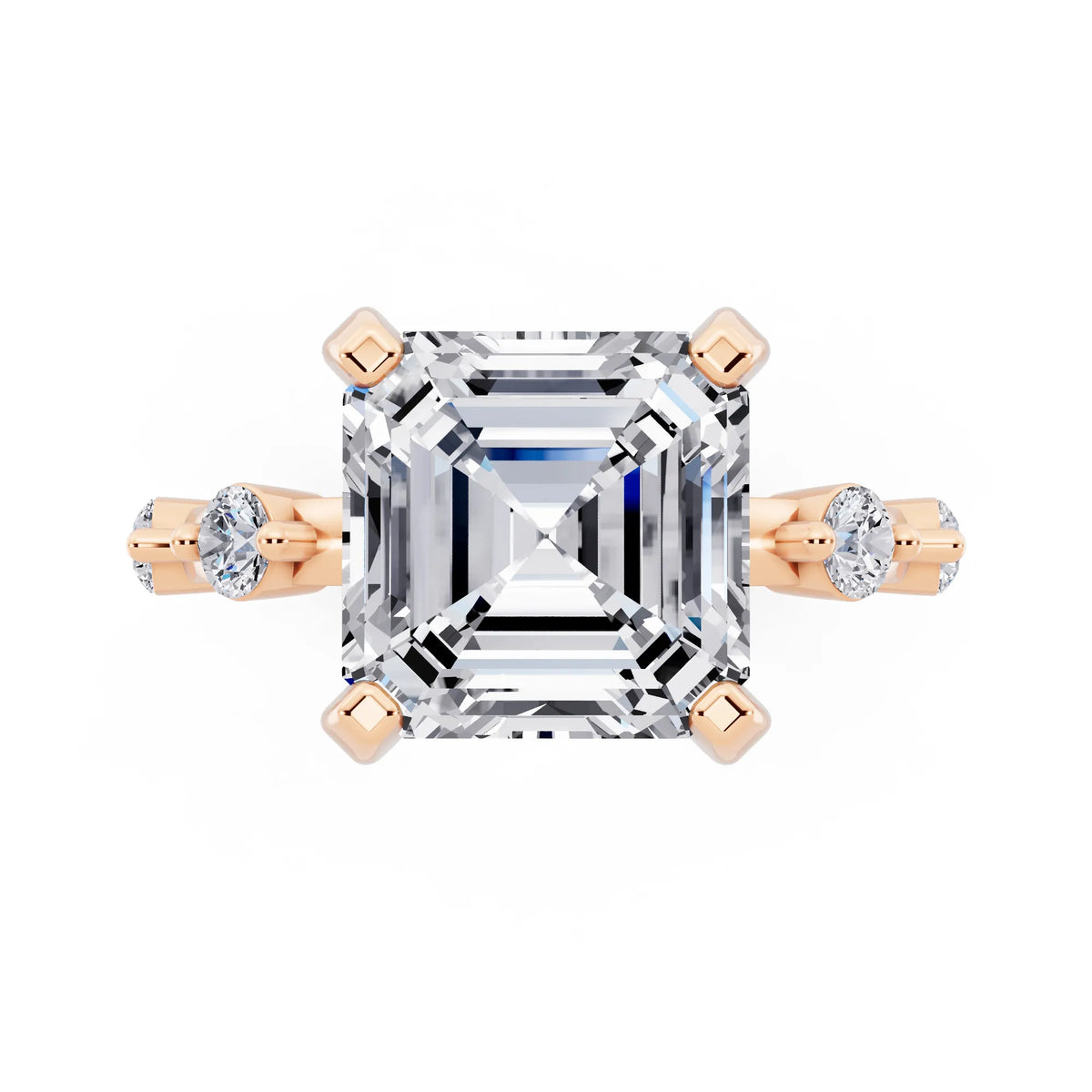 18 KT Rose Gold Asscher Cut Diamond Solitaire Ring with Floating Diamond Accents - top angle