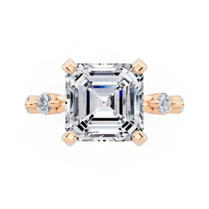 18 KT Rose Gold Asscher Cut Diamond Solitaire Ring with Floating Diamond Accents - top angle