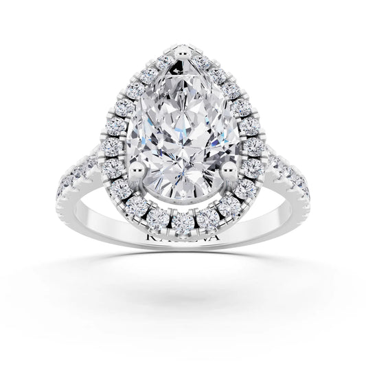 Platinum Pear Cut Diamond Halo Ring with Pave Band - Front