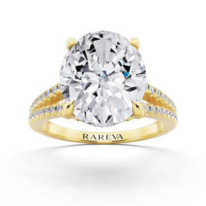 18 KT Yellow Gold Oval Cut Diamond Ring with Pavé Split Shank - front view