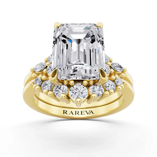 14 KT Yellow Gold Emerald Cut Diamond Ring with Curved Cluster Band - front view