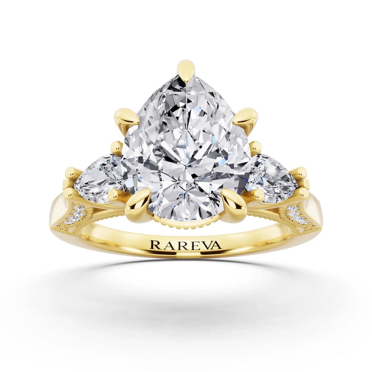 18 KT Yellow Gold Pear Cut Diamond Three Stone Pear Accent Vintage Pave Ring - front view