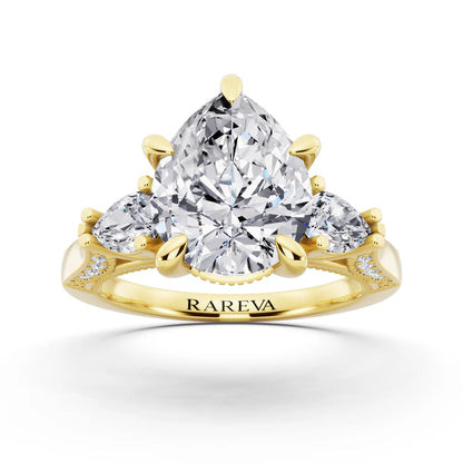 18 KT Yellow Gold Pear Cut Diamond Three Stone Pear Accent Vintage Pave Ring - front view
