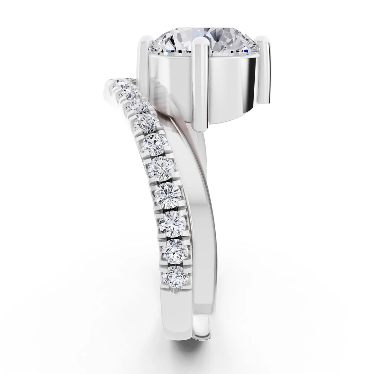 Platinum Round Cut Diamond Solitaire Ring with Pave V Band - Side view