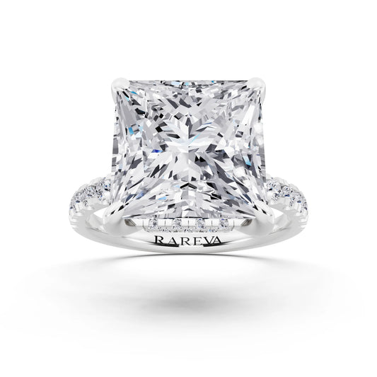 18 KT White Gold Princess Cut Diamond Hidden Halo Tiger Prong Pave Band Ring - front view