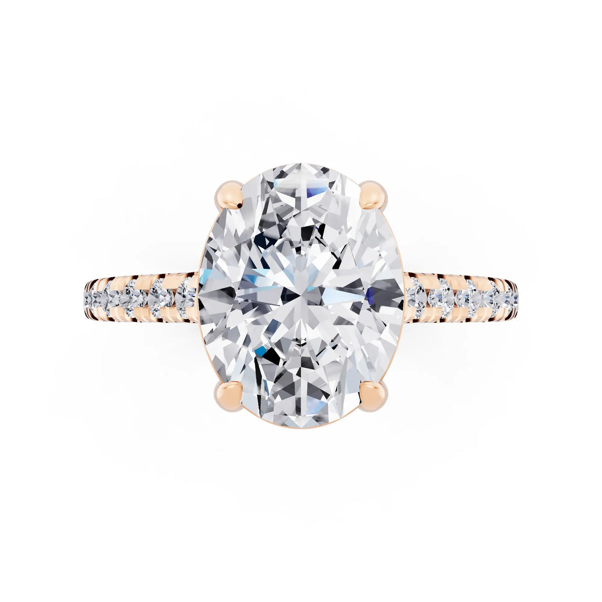 18 KT Rose Gold Oval Cut Diamond Claw Prong Solitaire Ring with French Pave Band - top angle