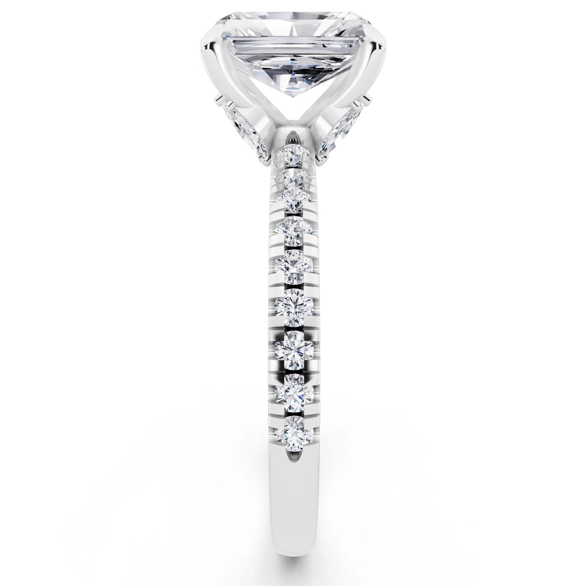 18 KT White Gold Radiant Cut Diamond Solitaire Ring with Marquise Collar - side view