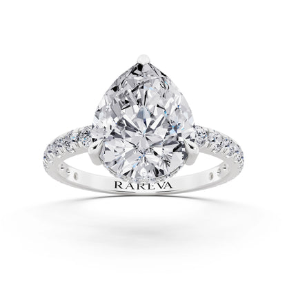 14 KT White Gold Pear Cut Diamond Solitaire Ring with Hidden Halo and French Pave Band - front view