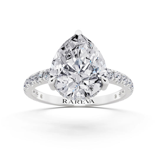 14 KT White Gold Pear Cut Diamond Solitaire Ring with Hidden Halo and French Pave Band - front view
