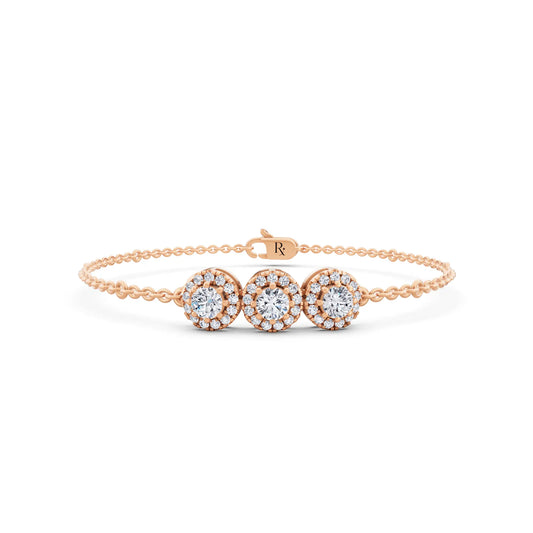 10K Rose Gold Three Stone Round Halo Diamond Chain Bracelet - Main