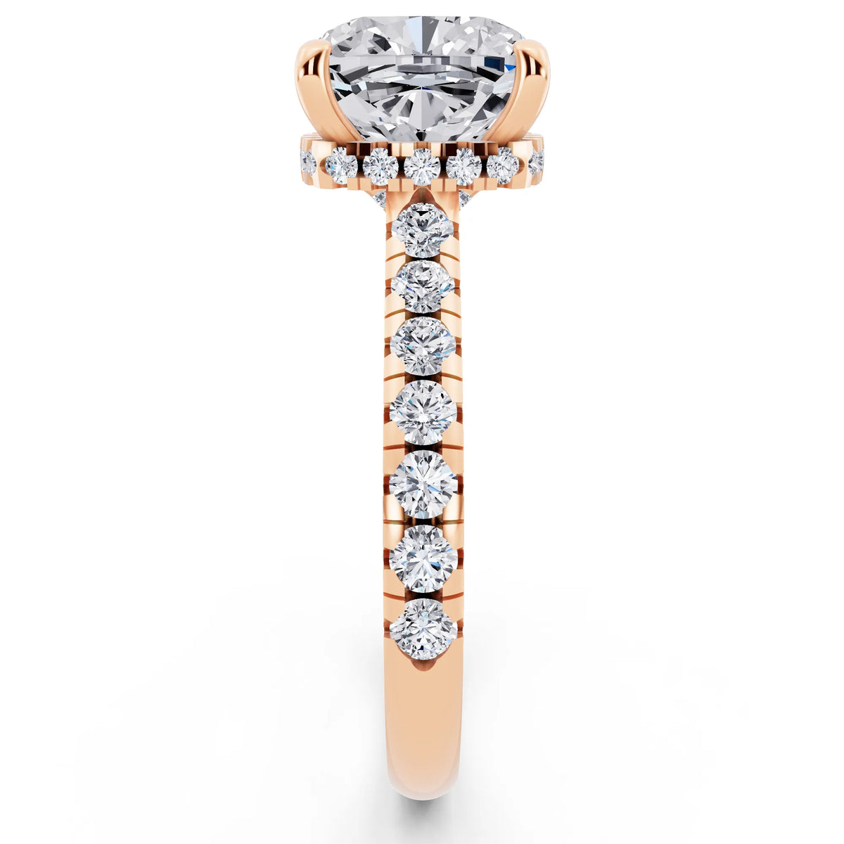 14 KT Rose Gold Cushion Cut Diamond Ring with Hidden Halo - side view