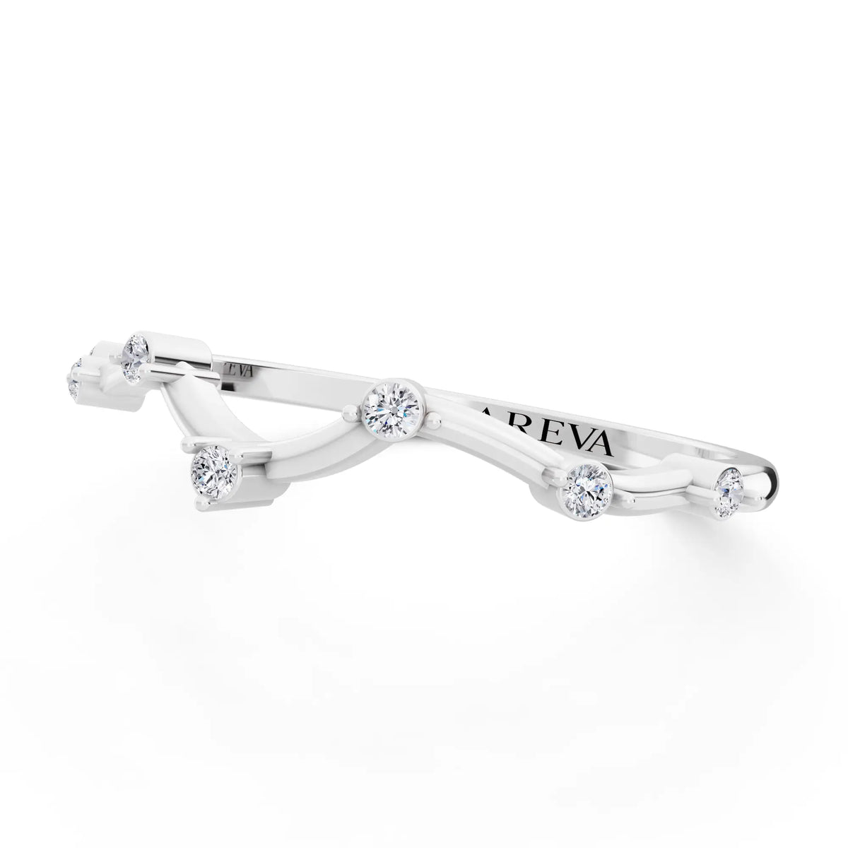 14K White Gold Round Cut Diamond Scattered Curve Curved Band - 1.5mm - Close up