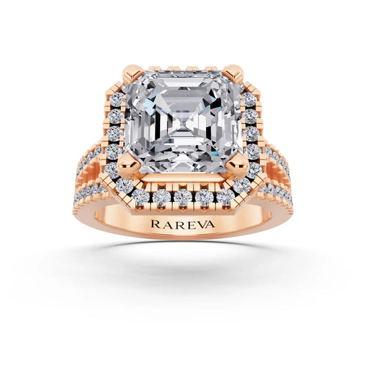 18 KT Rose Gold Asscher Cut Diamond Halo Ring with Pave Split Shank - front view