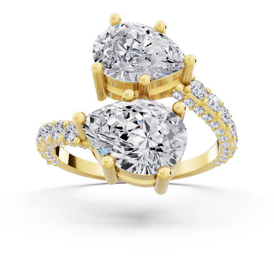 14 KT Yellow Gold Pear Cut Diamond Two Stone Ring with Pave Band - Front