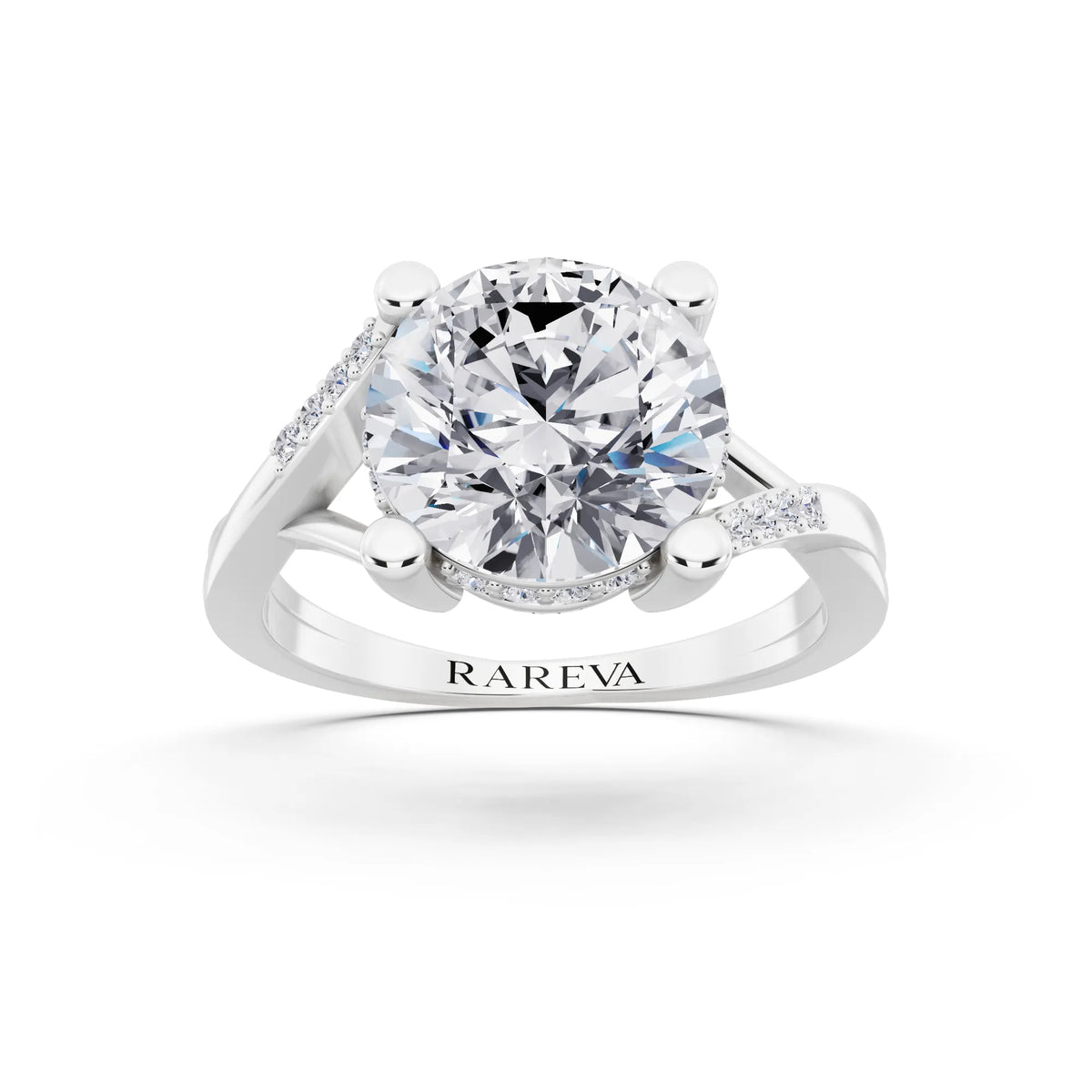 18 KT White Gold Round Cut Diamond Split Shank Engagement Ring with Hidden Halo - front view