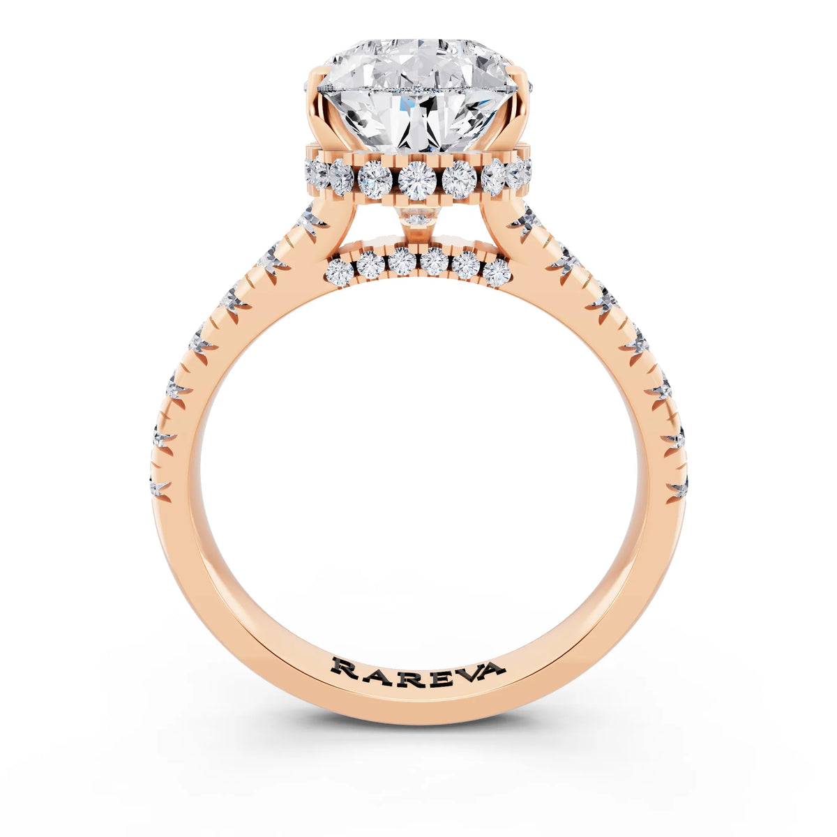 18 KT Rose Gold Pear Cut Diamond Ring with Hidden Halo - through finger