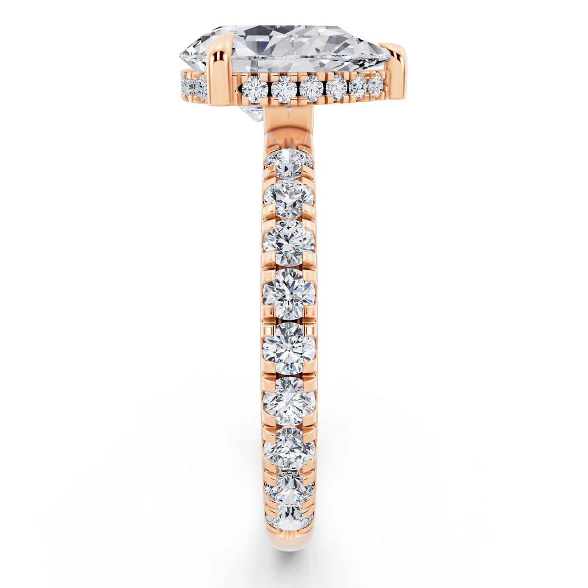 14 KT Rose Gold Pear Cut Diamond Solitaire Ring with Hidden Halo and French Pave Band - side view