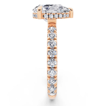 14 KT Rose Gold Pear Cut Diamond Solitaire Ring with Hidden Halo and French Pave Band - side view