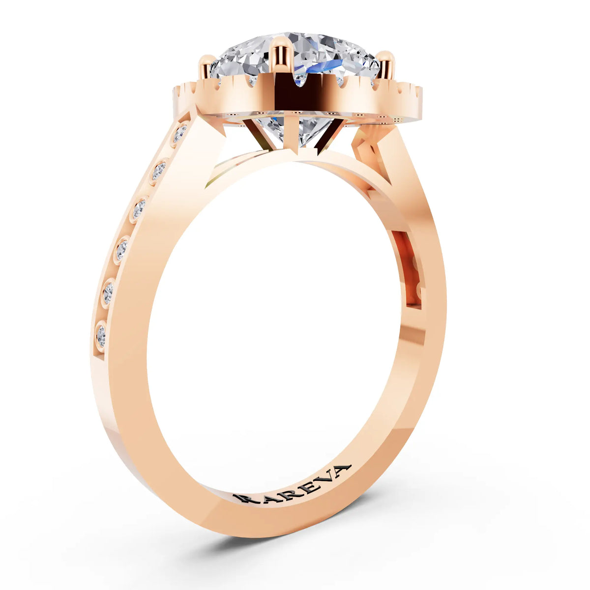 18 KT Rose Gold Cushion Cut Diamond Halo Ring with Bezel Accent Band - top view