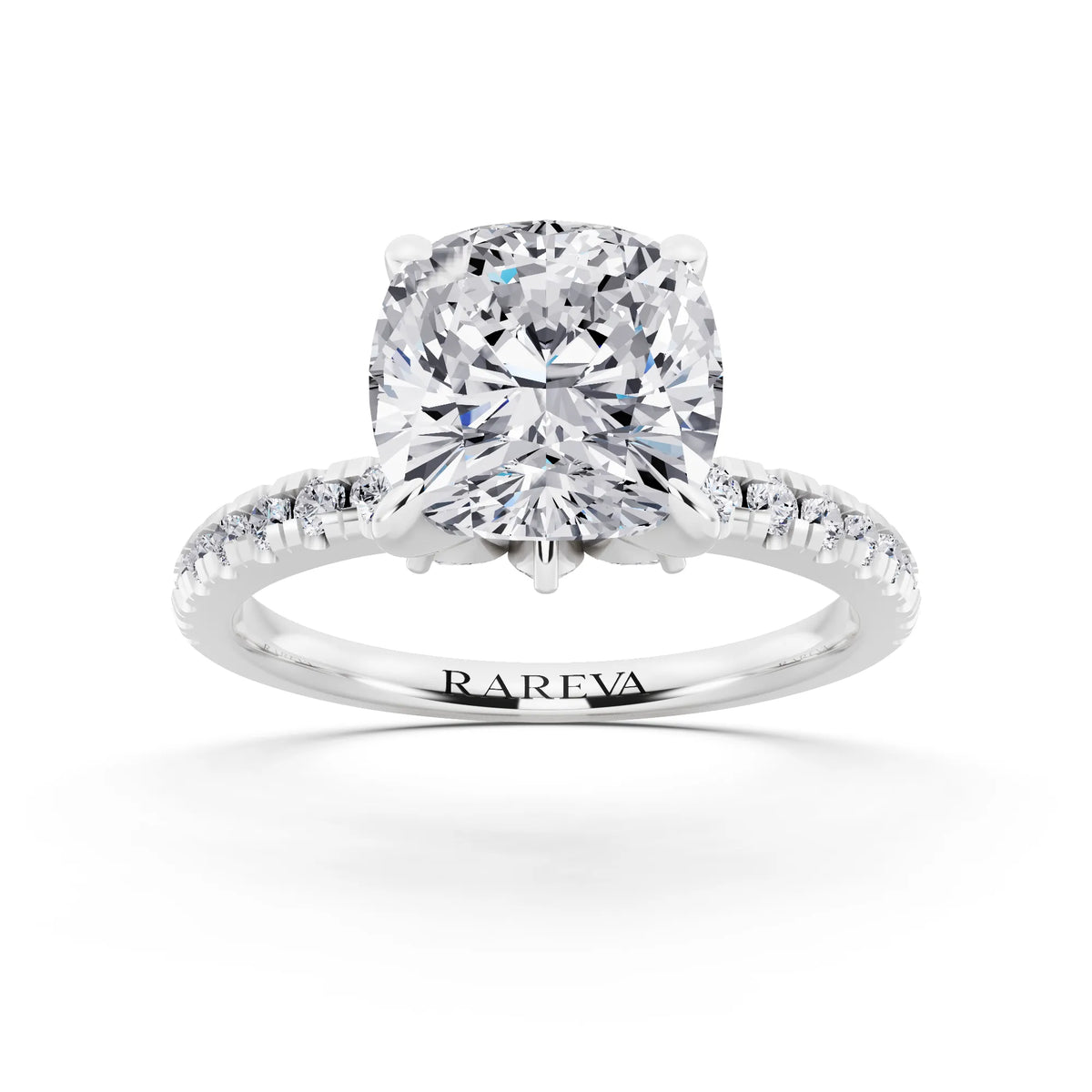 14 KT White Gold Cushion Cut Diamond Solitaire Ring with Marquise Collar - front view