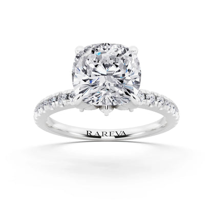 14 KT White Gold Cushion Cut Diamond Solitaire Ring with Marquise Collar - front view