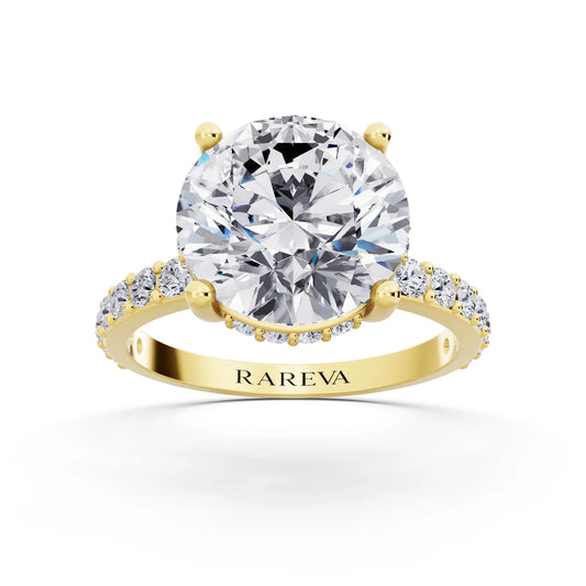 14 KT Yellow Gold Round Cut Diamond Solitaire Ring with Hidden Halo and Pave Band - front view