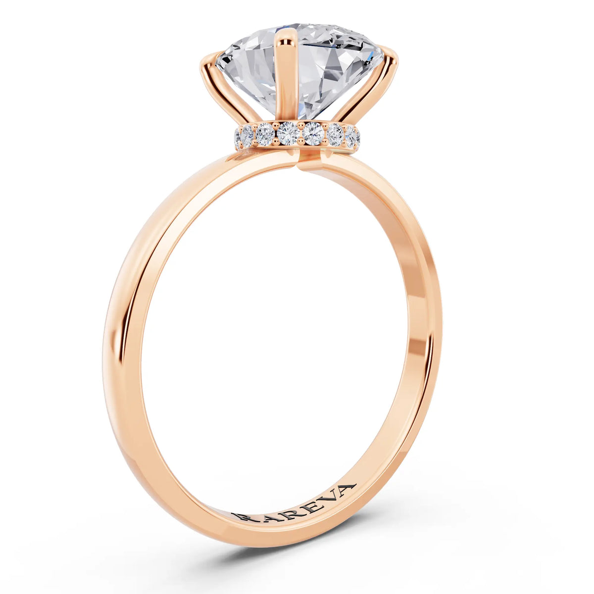 18 KT Rose Gold Oval Cut Diamond Solitaire Ring with Pave Collar - top view