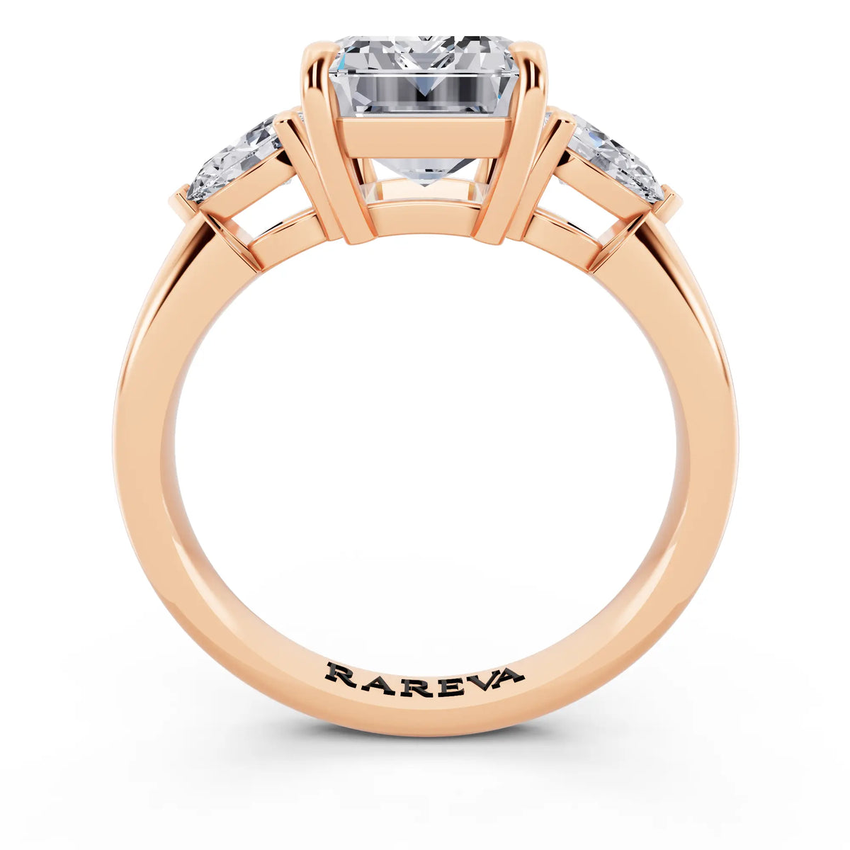 14 KT Rose Gold Emerald Cut Diamond Three Stone Pear Accent Ring - through finger
