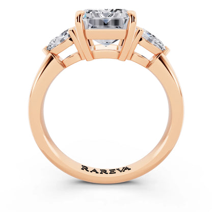 14 KT Rose Gold Emerald Cut Diamond Three Stone Pear Accent Ring - through finger