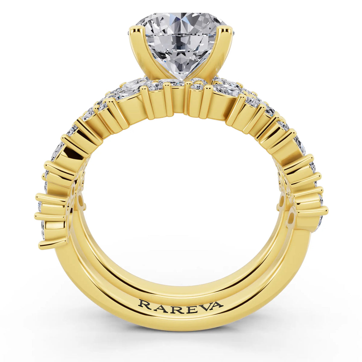 18 KT Yellow Gold Round Cut Diamond Ring with Marquise Cluster Band - through finger