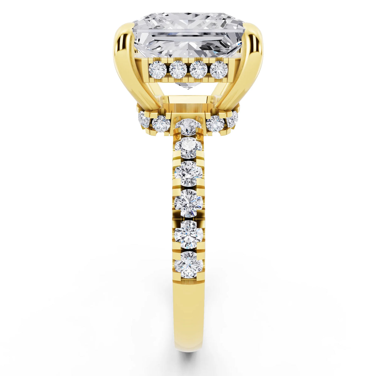 14 KT Yellow Gold Princess Cut Diamond Hidden Halo Tiger Prong Pave Band Ring - side view