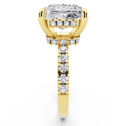 14 KT Yellow Gold Princess Cut Diamond Hidden Halo Tiger Prong Pave Band Ring - side view
