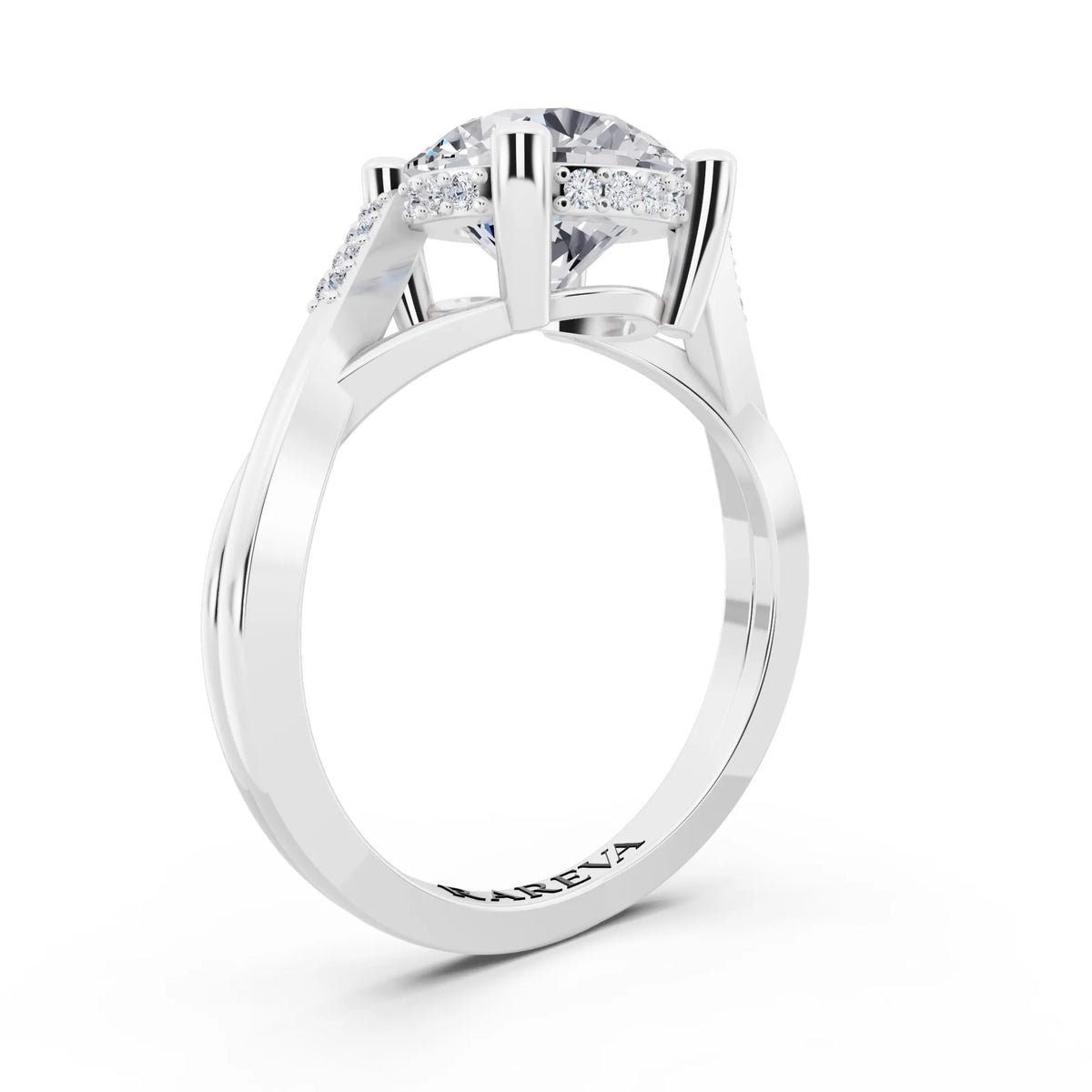 18 KT White Gold Round Cut Diamond Split Shank Engagement Ring with Hidden Halo - top view