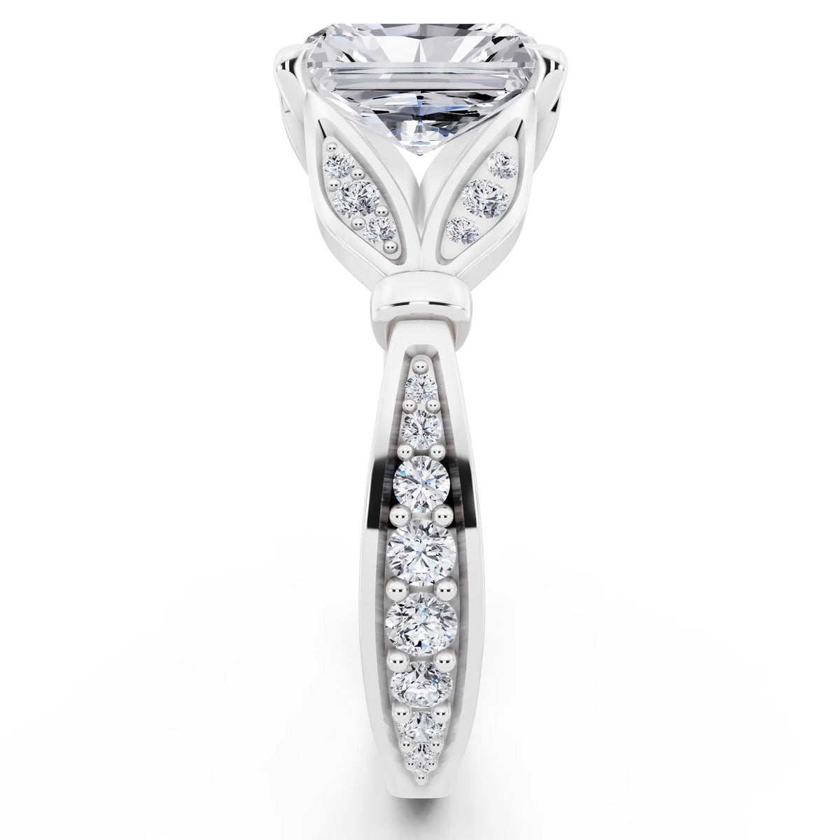 14 KT White Gold Radiant Cut Diamond Ring with Lotus Collar - side view
