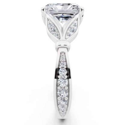 14 KT White Gold Radiant Cut Diamond Ring with Lotus Collar - side view