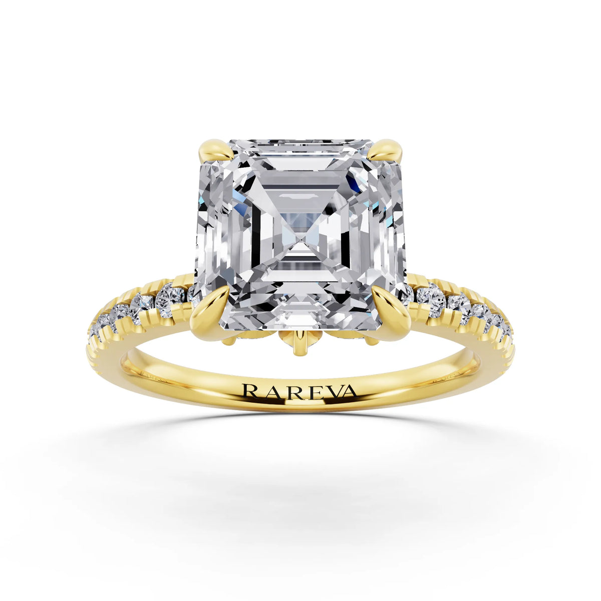 14 KT Yellow Gold Asscher Cut Diamond Solitaire Ring with Marquise Collar - front view