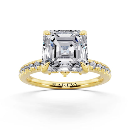 14 KT Yellow Gold Asscher Cut Diamond Solitaire Ring with Marquise Collar - front view