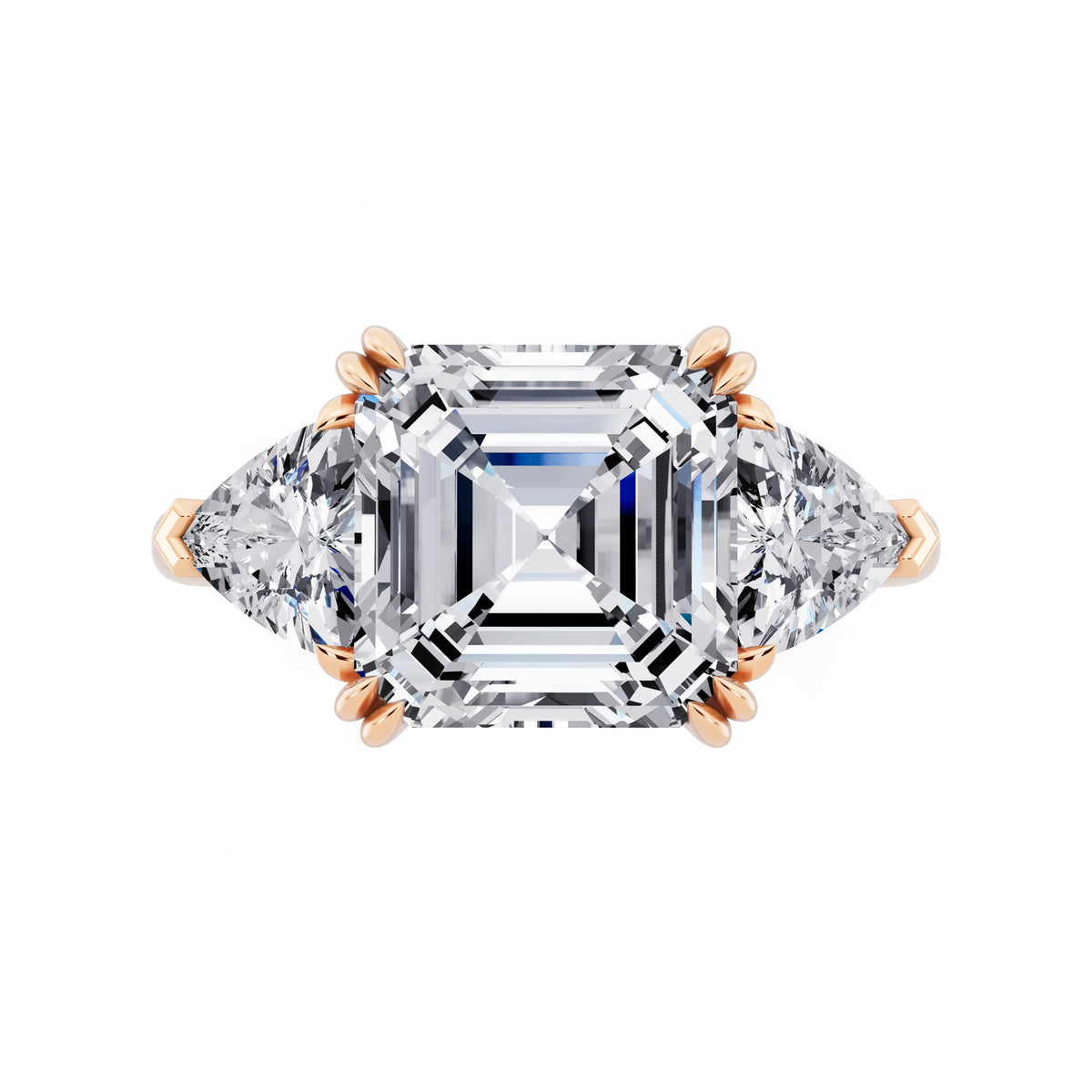 14 KT Rose Gold Asscher Cut Diamond Three Stone Ring with Trillion Accents - top angle