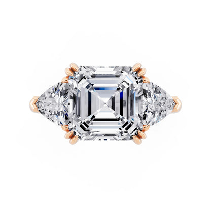 14 KT Rose Gold Asscher Cut Diamond Three Stone Ring with Trillion Accents - top angle