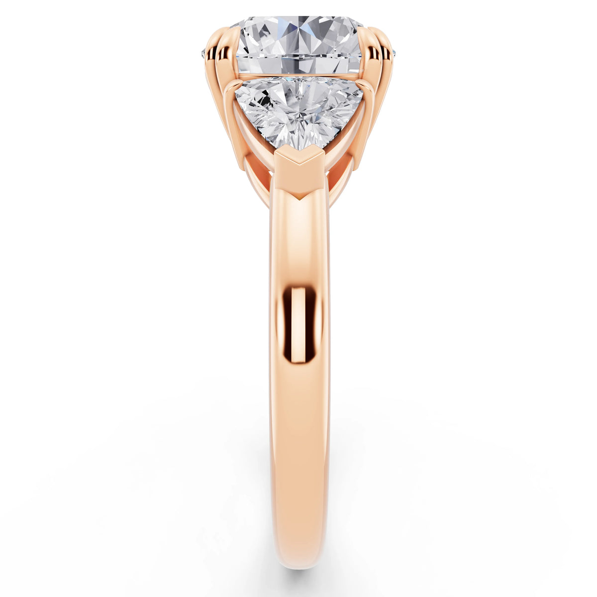 18 KT Rose Gold Round Cut Diamond Three Stone Ring with Trillion Accents - side view