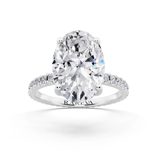 Platinum Oval Cut Diamond Solitaire Ring with Pave Eternity Band - front view