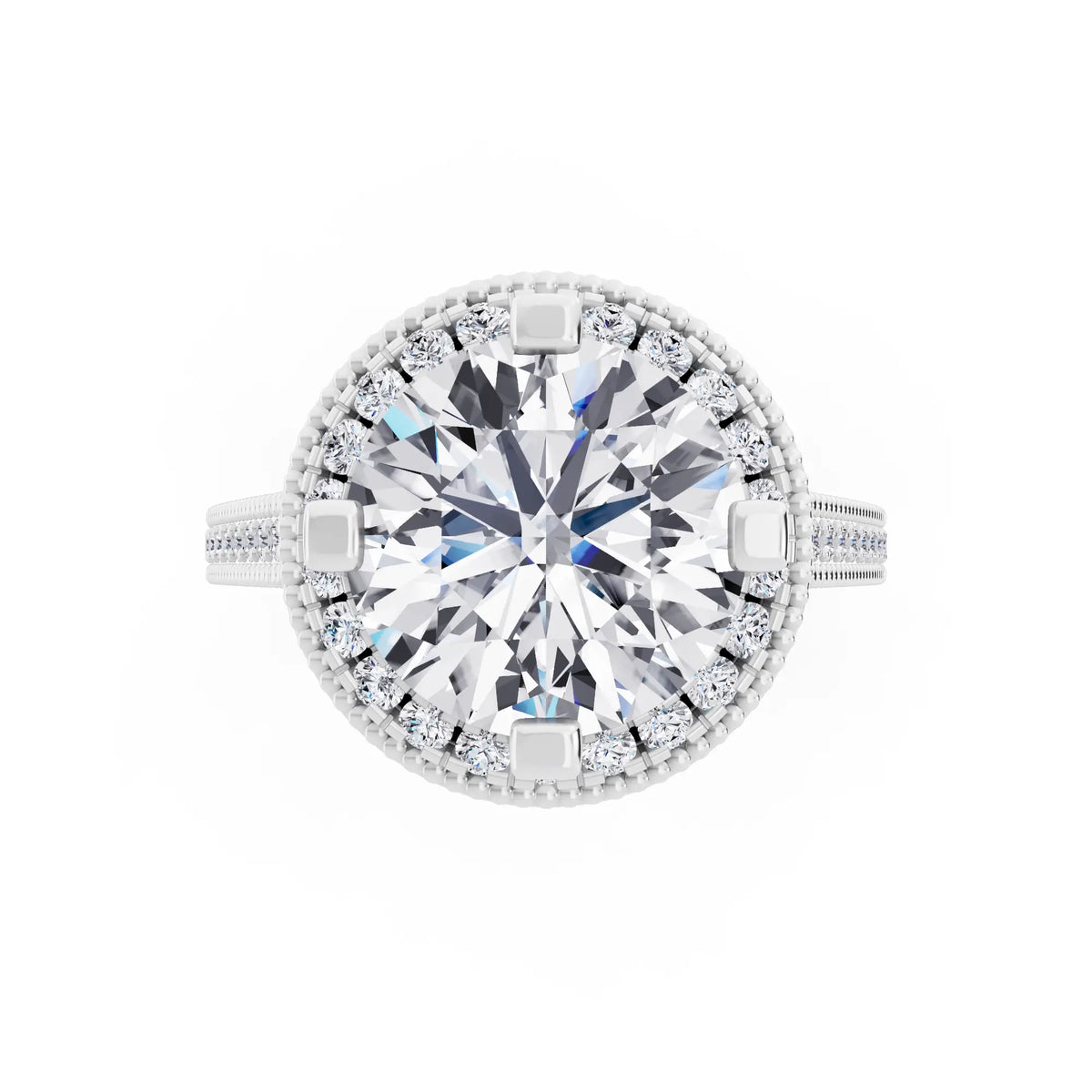 Platinum Round Cut Diamond Vintage Halo Ring with Milgrain Band - Top down