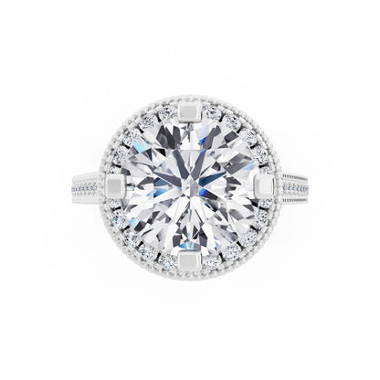 Platinum Round Cut Diamond Vintage Halo Ring with Milgrain Band - Top down