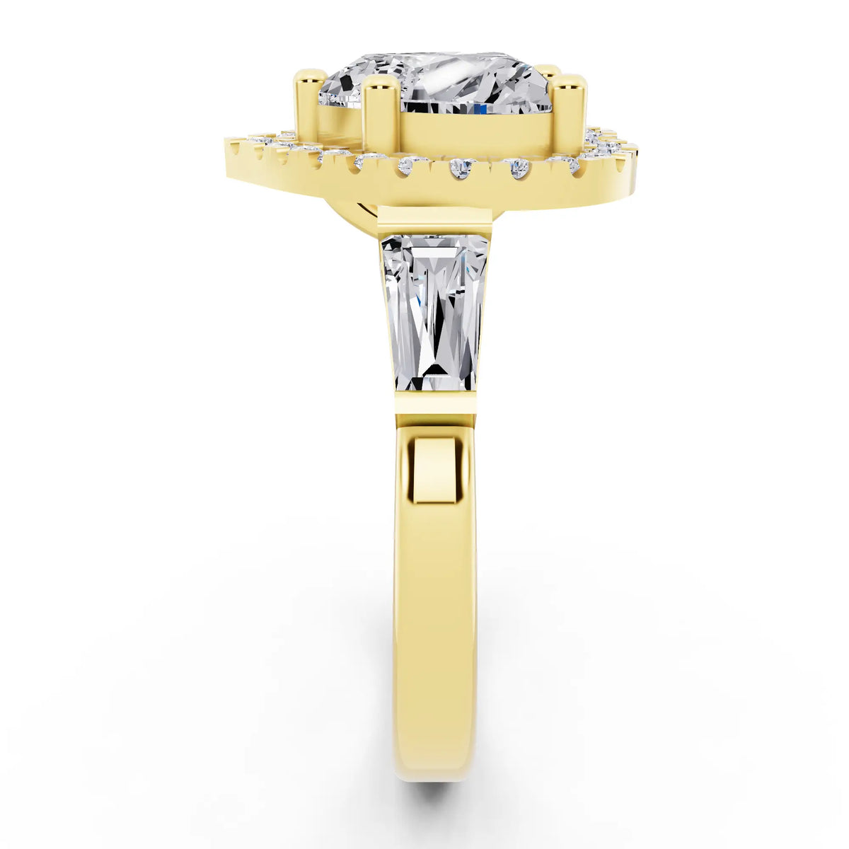 18 KT Yellow Gold Heart Cut Diamond Halo Ring with Baguette Accents - side view