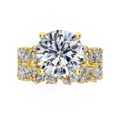 18 KT Yellow Gold Round Cut Diamond Ring with Marquise Cluster Band - top angle